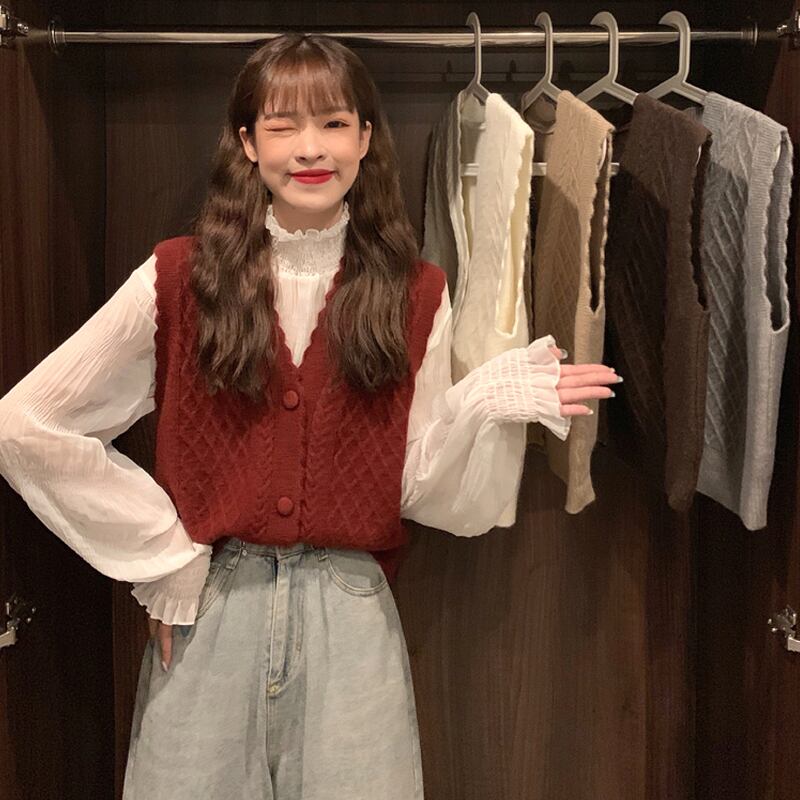 レッドVネックニットスプリングオータムノースリーブセーター 春物 秋物 試着室18795263138