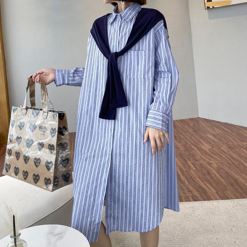 ブルーストライプドレス ルーズシャツ スカート ステッチ ラブタオタオダレンハウス24222721958