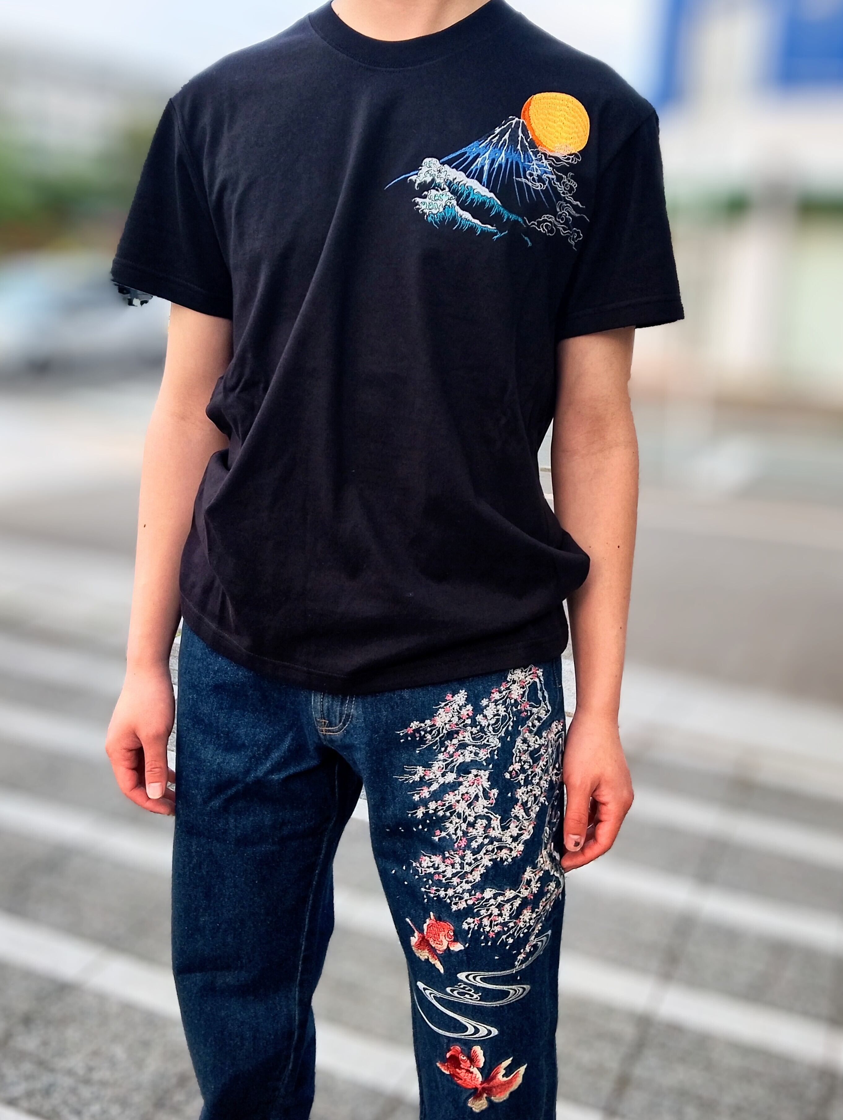 ST-605 浪に鯨 刺繍半袖Tシャツ ブラック S・M・L・XL・XXL | 風と地の吾