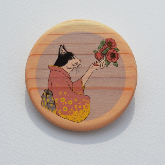 「椿ねこ」Wood brooch