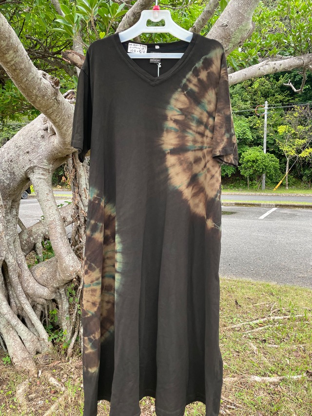 レディースマキシワンピ半袖　藍染✖️泥染( L )ad2410-5
