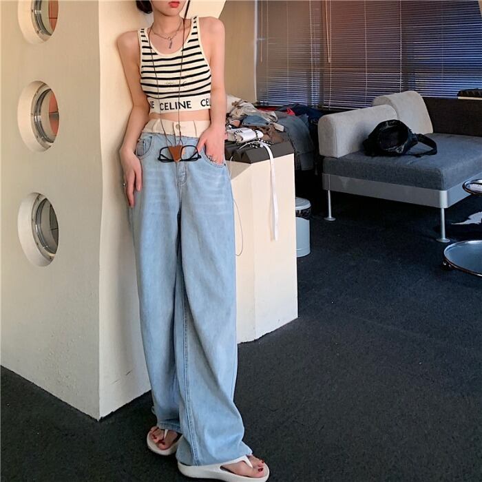 ルーズ薄手サマーハイウェストウェストジーンズ 夏物 ステッチ クレセントシティ18351919686