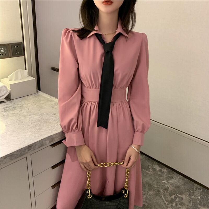 カラーAラインスカート オータムスタイルウェストドレス ロング ピンク 大人ガーリー スウィート キュート カジュアル 秋物 ガールズファッション60706352309