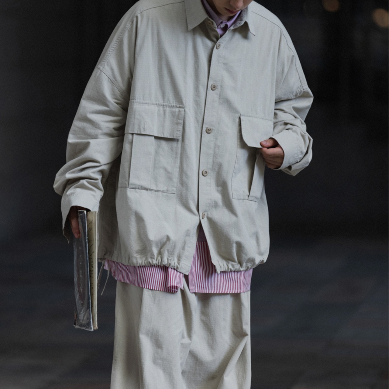 Oversized drawstring button-down shirt  0199 - 3