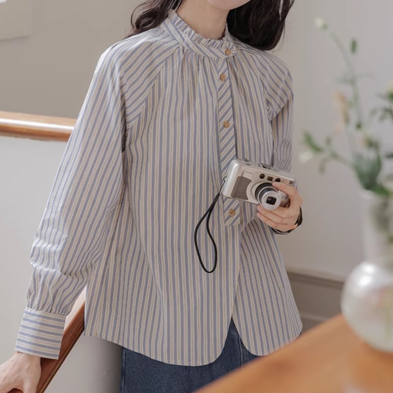 フリルカラーストライプデザインシャツ M1739