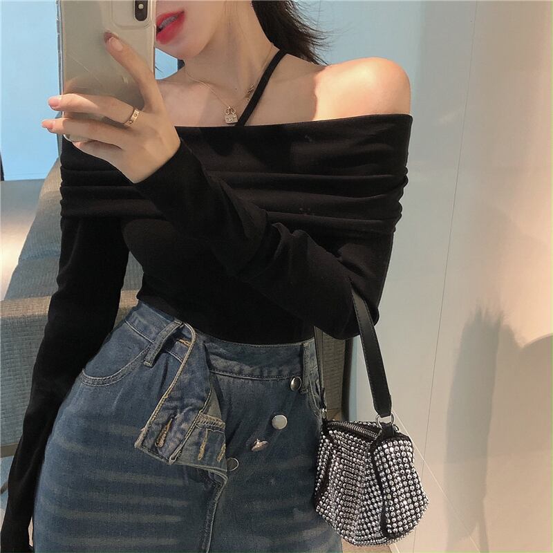 ワンショルダータイトフィットブラックホルターショート長袖Tシャツレディース2020年秋新作インナーベースシャツトップス ブラックストロベリース26710272488