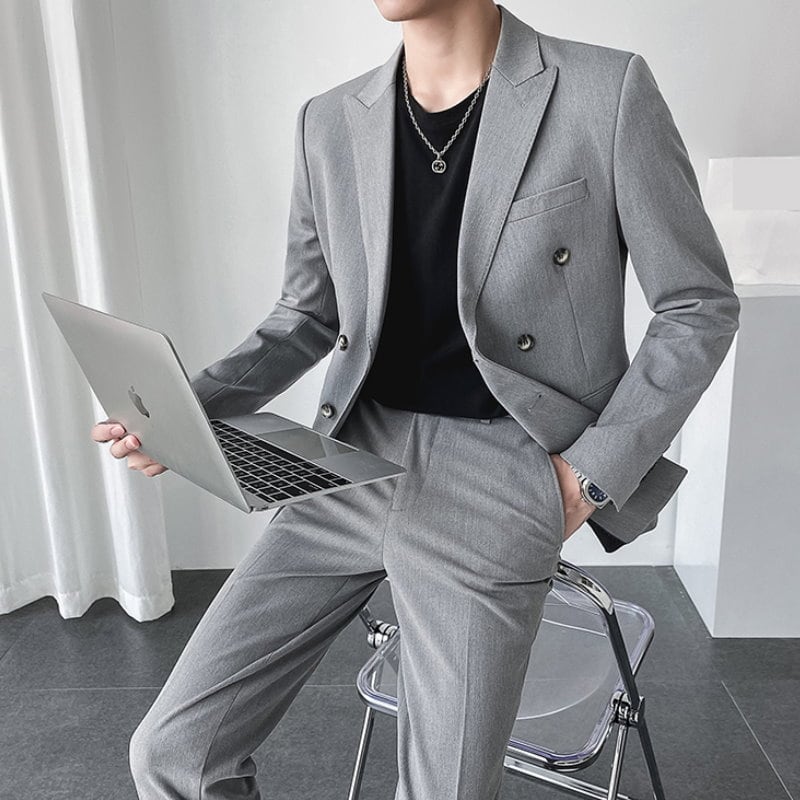 ダブルベルト ジャケット フェイクツーピース スーツ 韓国 i211 韓国風 ダブルブレスト カジュアルスーツ ツーピース 5カラー