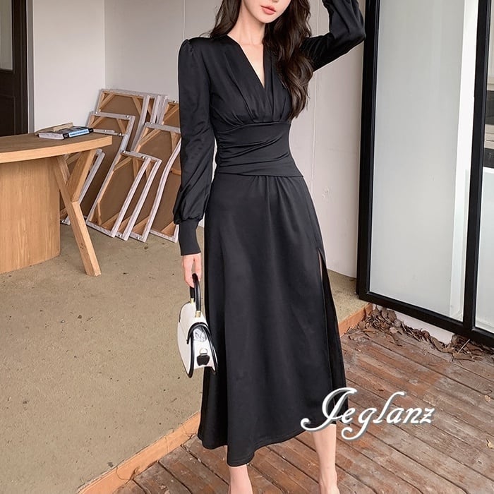 ロング丈 ワンピース ドレス ドレープ スリット入り 大人きれい(M8070)ζ