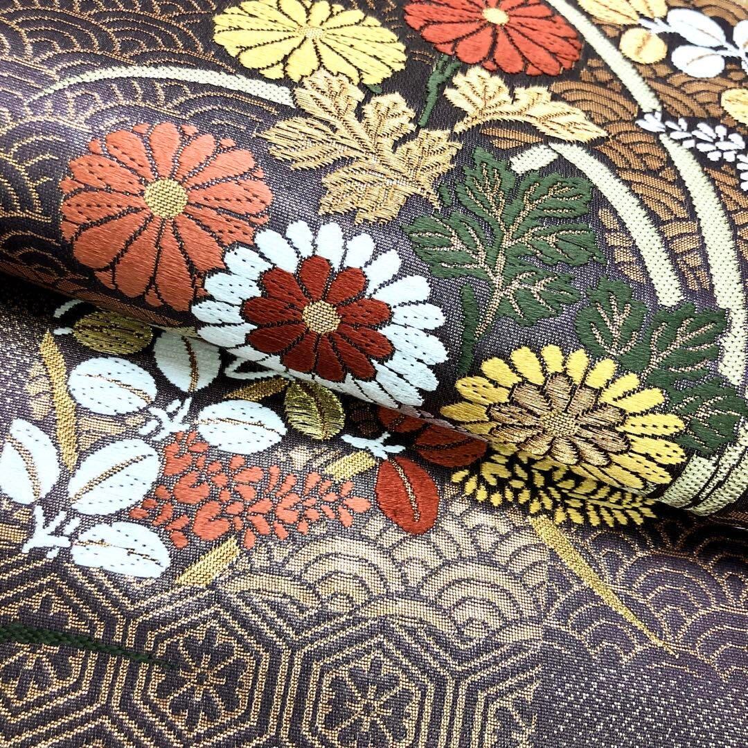 HANAKO 正絹京袋帯　花に鳥柄　唐織　濃いグレー