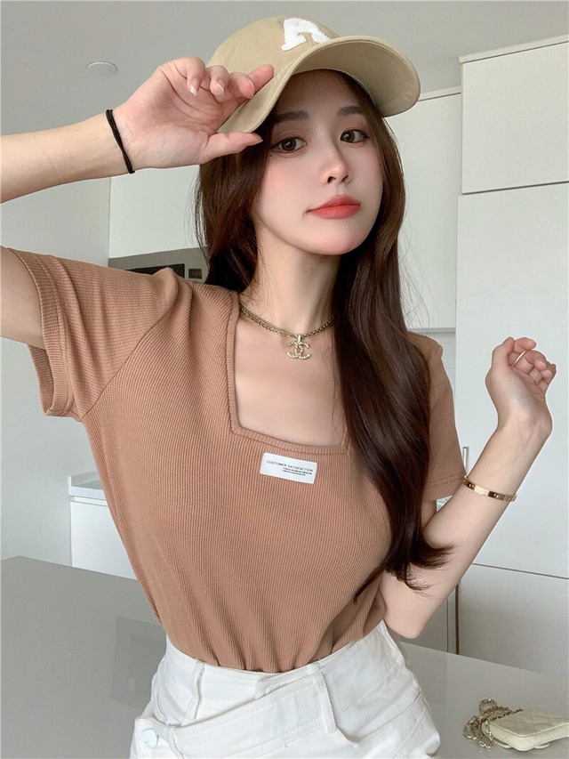 Tシャツ ストレッチルーズ薄手カラートップス エラスティック 伸縮 スクウェア Xiaofeijia91446972979