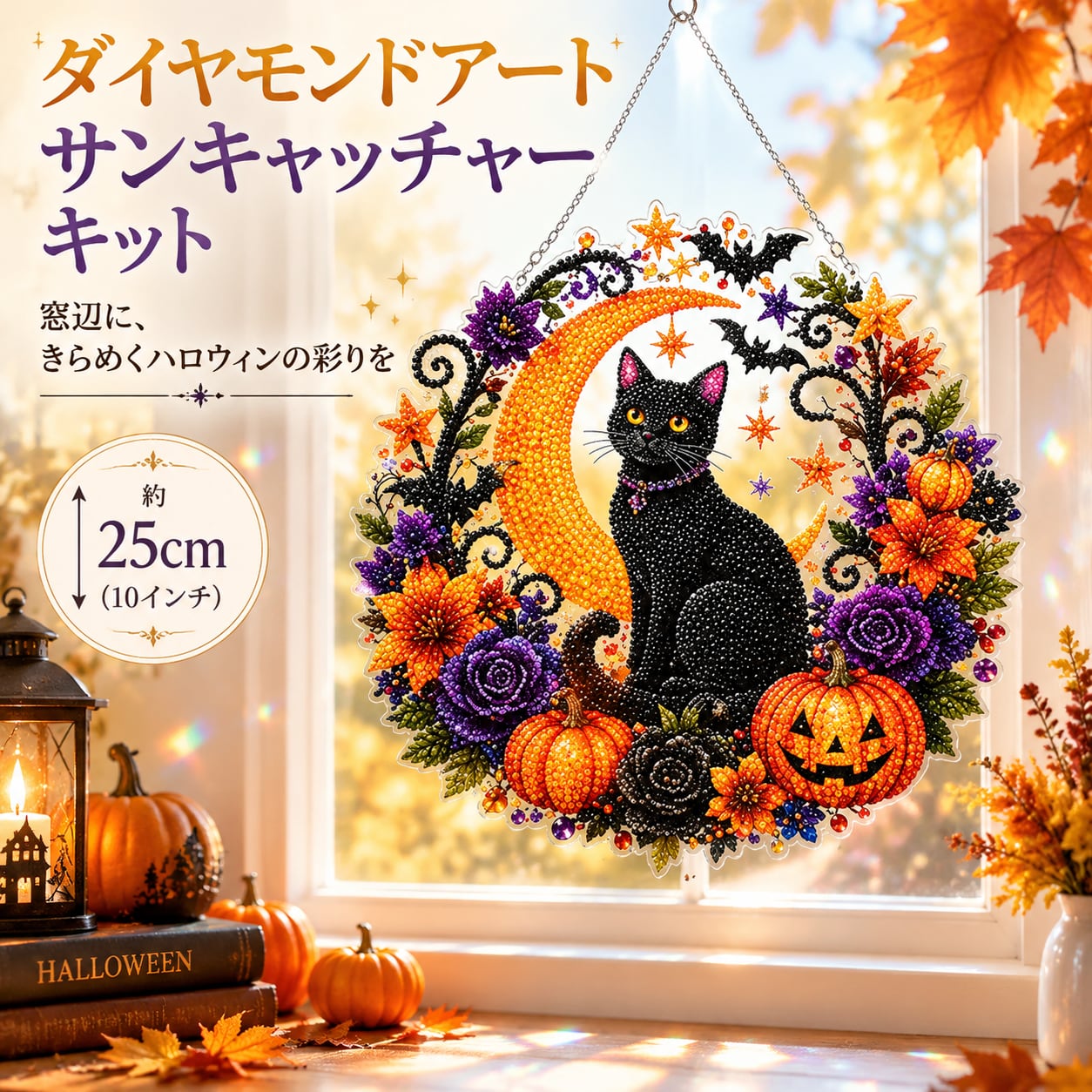 G252.ダイヤモンドアート サンキャッチャー 吊り下げ飾り 黒猫