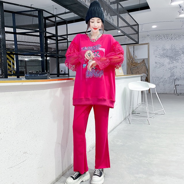 薄手レースラウンドネックTシャツ カジュアルパンツ ロング 大きめサイズ Oネック ミックスインファッション2022837006