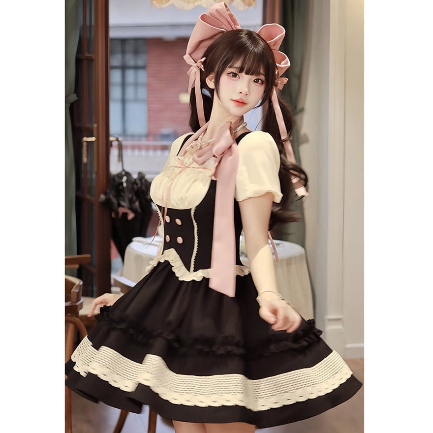 ワンピース メイド風 パフスリーブ フレアスカート フリル レース