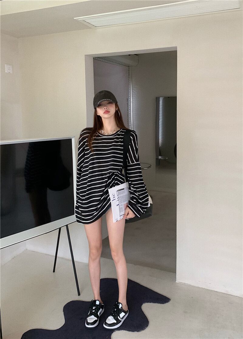 ブラックホワイトストライプTシャツ シャツ スタイルサマー薄手ルーズトップス ロング レッド 夏物 ブラックストロベリース71500537346