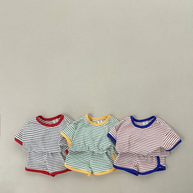 【予約販売】80-130cm ポップな配色パイピングが目を引く◆ 韓国風ボーダー柄半袖Tシャツ＆ショートパンツ上下セット✨
