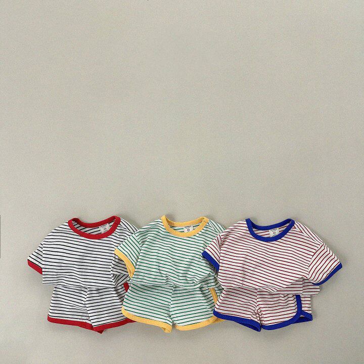 【予約販売】80-130cm ポップな配色パイピングが目を引く◆ 韓国風ボーダー柄半袖Tシャツ&ショートパンツ上下セット✨