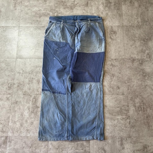 50-60s サンフェード パッチワーク フレンチワーク ブルー パンツ W35