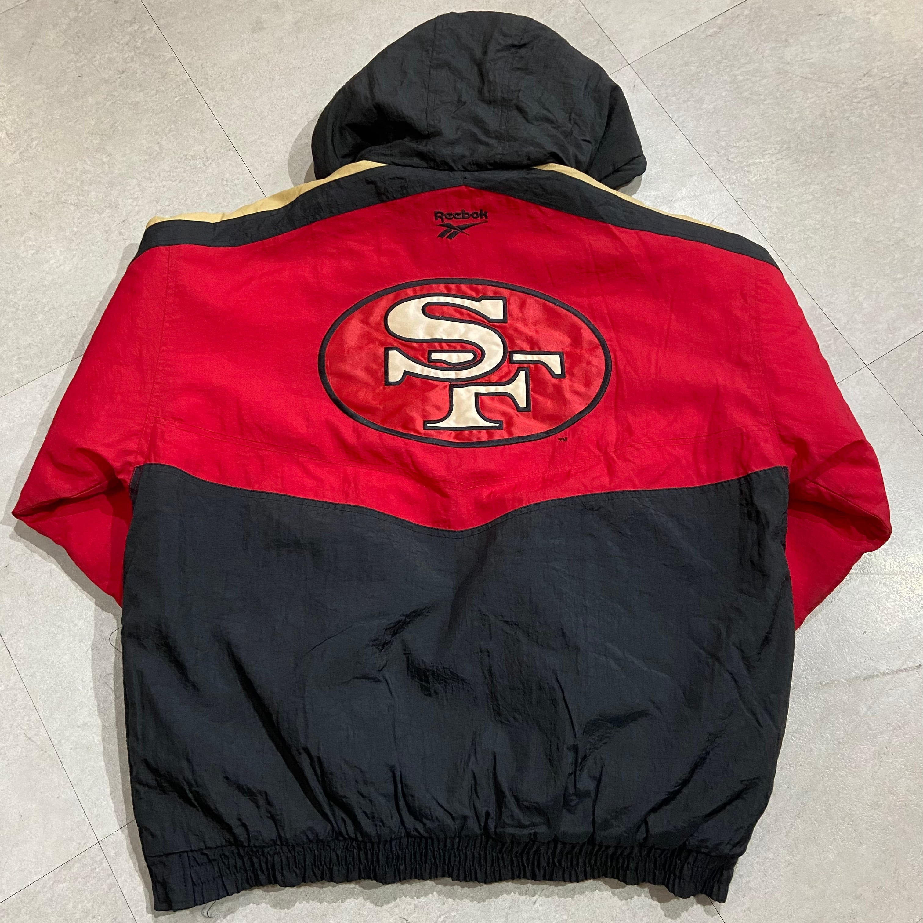 size：L【 San Francisco 49ERS 】STARTER フォーティーナイナーズ スターター NFL 中綿ナイロンジャケット  ナイロンジャケット ハーフジップ 赤 黒 古着 古着屋 高円寺 ビンテージ