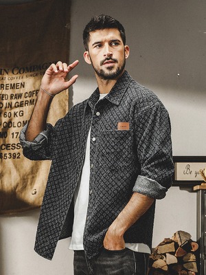 Denim Pattern Long Collard Shirt【L0583】