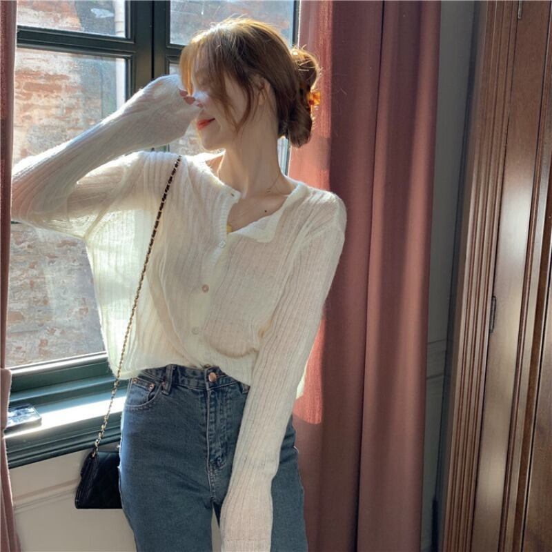 ホワイトカジュアル薄手ニットカーディガンオータムルーズジャケット ロング 秋物 モンロー55715427675