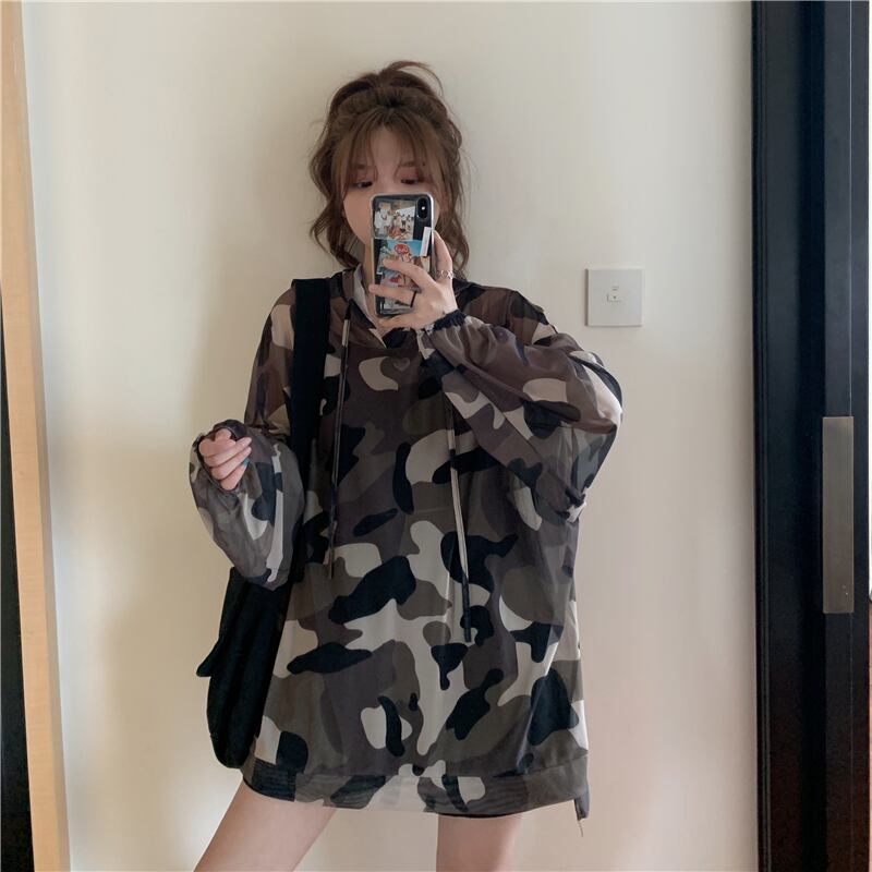 迷彩柄フードメッシュTシャツ トップス ブラウス ロング