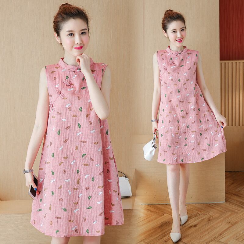 【新作】【送料無料】 7108＃ヴィンテージチャイニーズスタイルプリントリネンマタニティドレスノースリーブタンク服妊娠中の女性2019妊娠中のドレス ビンテージ AL expec329206371465