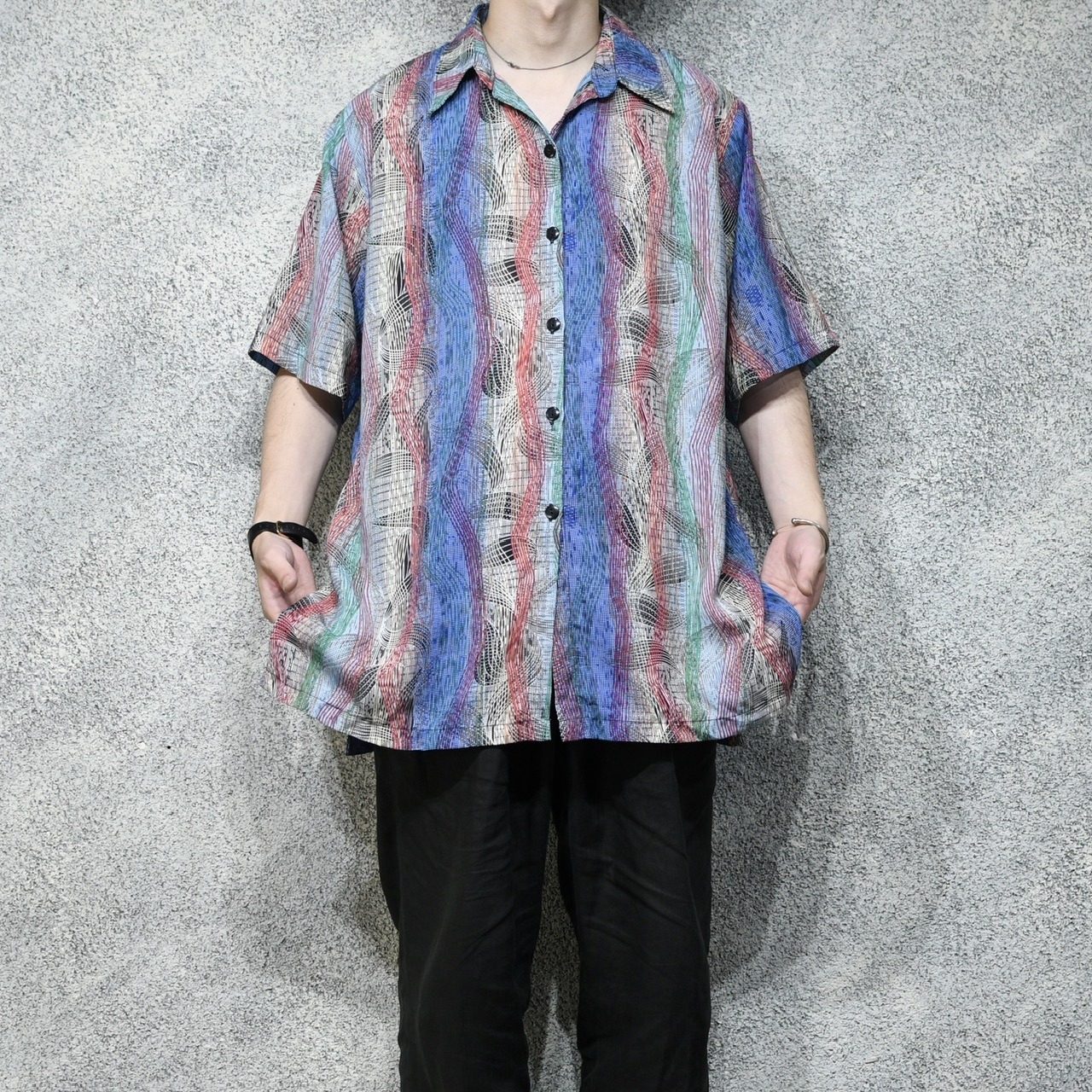 wave multi stripe open collar shirt