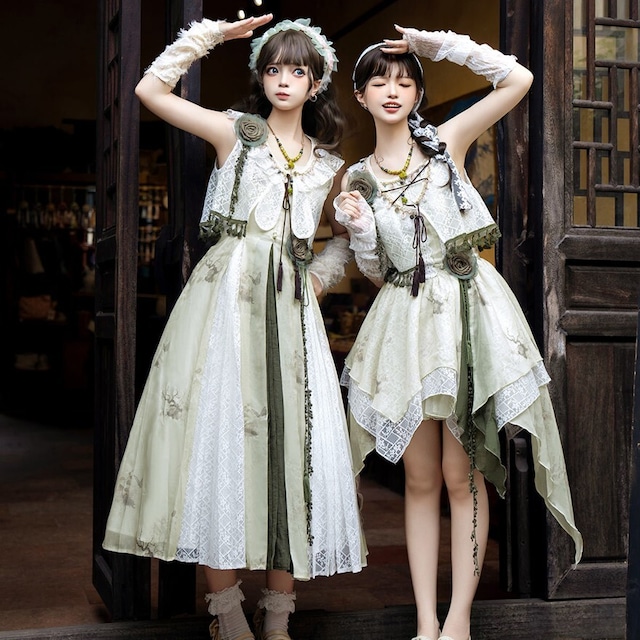 森ガール風 花柄アシメワンピ ミニスカタイプ ベスト付きセット