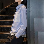 レースライン切替 ブルーストライプシャツ シアーレイヤード風 　　 00058