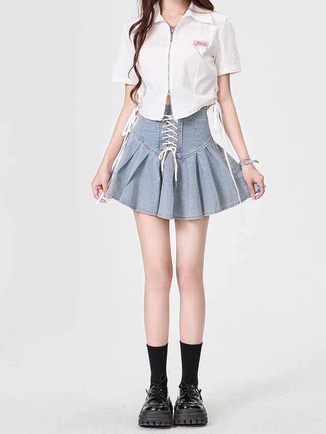 レースアップデニムミニスカート.2301