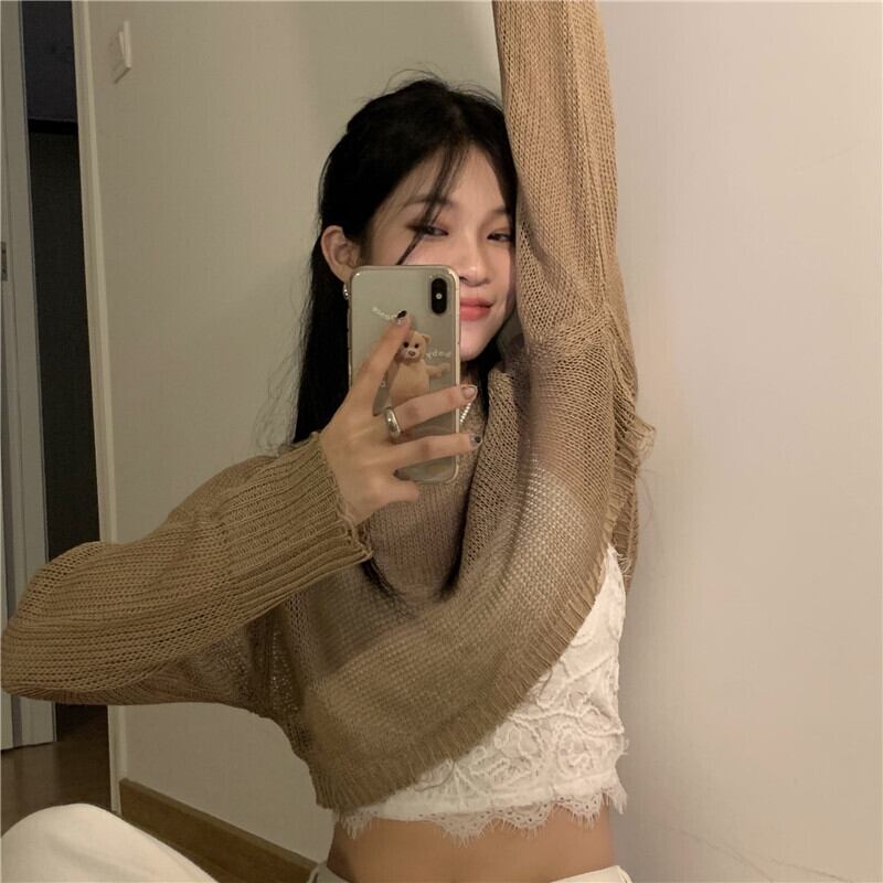 ニット 薄手ショートルーズブラウス サマーカーキトップス ロング 夏物 シルク ブラックストロベリース19493816817