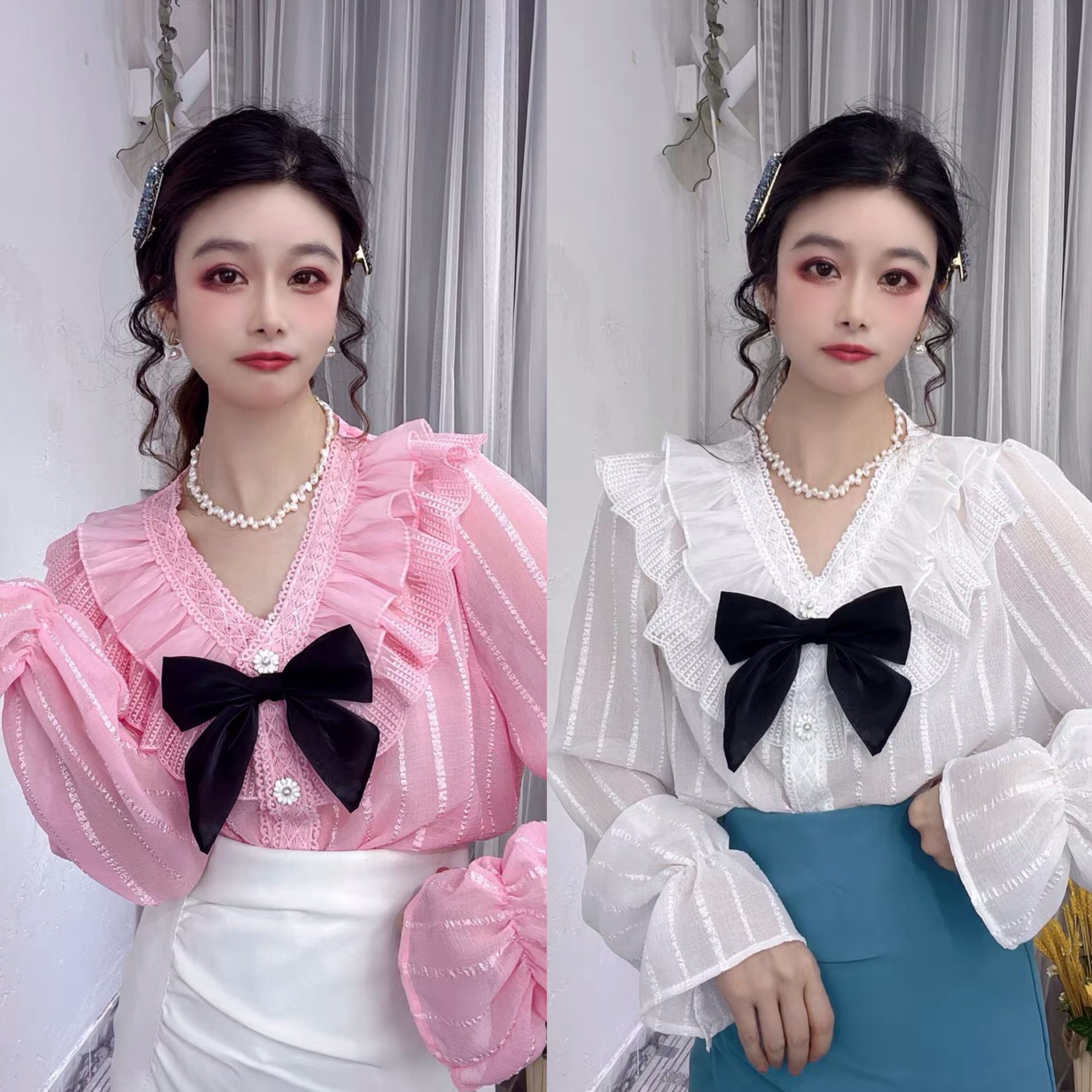 h.naotoFRILL白ピンクリボンブラウス♡｜レディース