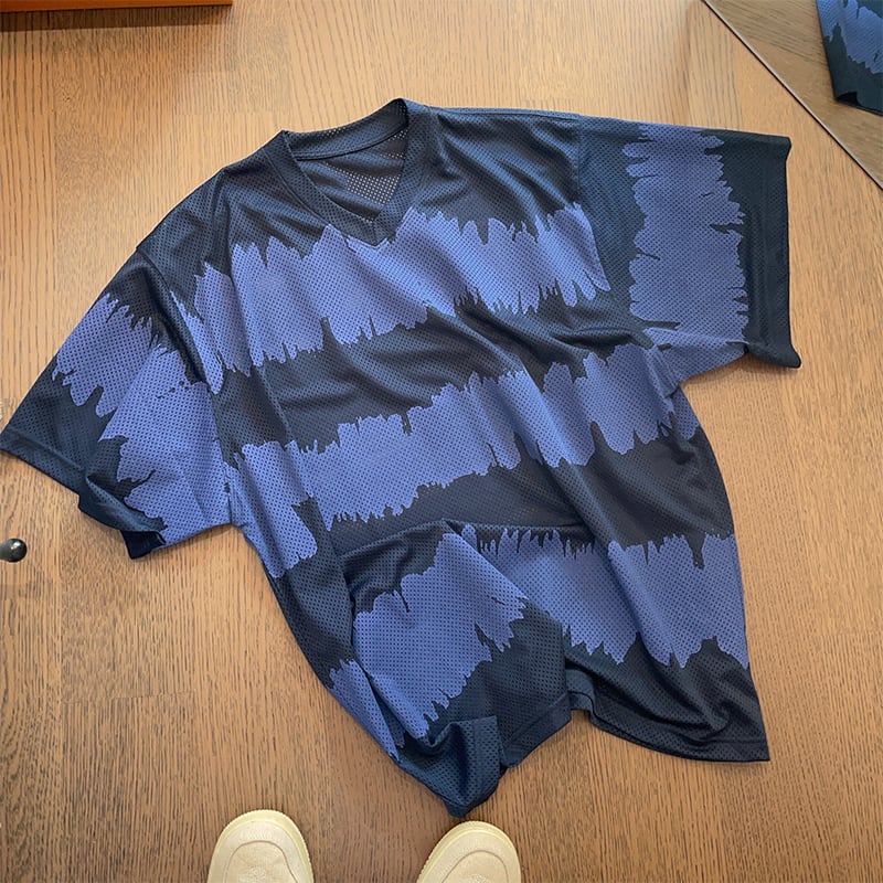 dannyandzeeタイダイ染めメッシュ編みVネック半袖Tシャツ | mblueshop