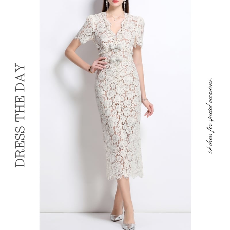 総レースVネックボディコンシャスドレス D0130