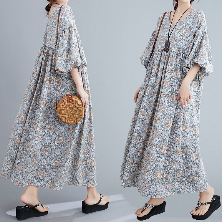 ワンピース レディース ロングワンピース 7分袖 バルーン袖 ボリューム 袖 Iライン Vネック ギャザー かわいい 大人可愛い シンプル カジュアル おしゃれ お洒落 こなれ感 ラフ 個性的 レトロ ヨーロピアン ヨーロッパ シック デート お出かけ 女子会 お泊り 休日 おうち時間 リゾート BBQ 送料無料 公園 ワンサイズ フリーサイズ ゆったり 20代 30代 40代 50代 韓国 普段使い 定番 トレンド 着回し ラクチン 体型カバー ママ ファッション コーデ