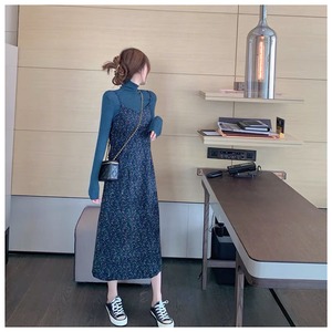 ワンピース レデイース ロング 秋冬 きれいめ 長袖 セット ドレス キャミ Iライン レディース カジュアル 可愛い ブルー 上品 女性 セットドレス ゆったり 体型カバー 30代 40代 50代 大人かわいい 秋 韓国 ドレス OP-026KMY