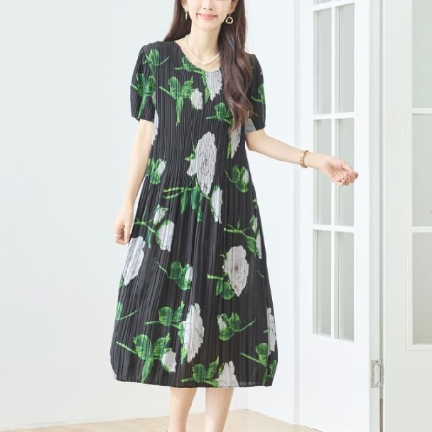 プリーツワンピース 花柄 N82-572 TRUBE M L エレガント 上品 大人きれいめ fmsd レディース 半袖 大人フェミニン 大人可愛いミセスキレイメ 普段着 おしゃれ着
