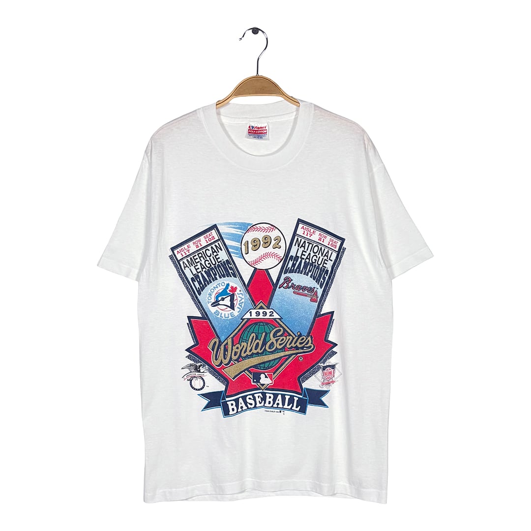 90s メジャーリーグ ワールドシリーズ ブルージェイズ ブレーブス USA製 ヴィンテージ Tシャツ ホワイト シングルステッチ ヘインズ HANES サイズL BZ0665