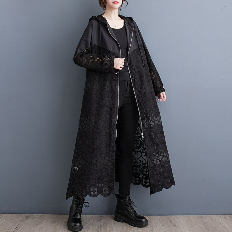 sheer zip hoodie long outer / l0839