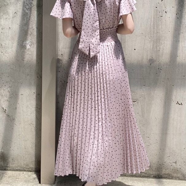 ロングドレス レディース ドットワンピース、プリーツワンピース、シフォンロングワンピース、レディースファッション、フレンチレトロ、ウエストマークDQ2-HX