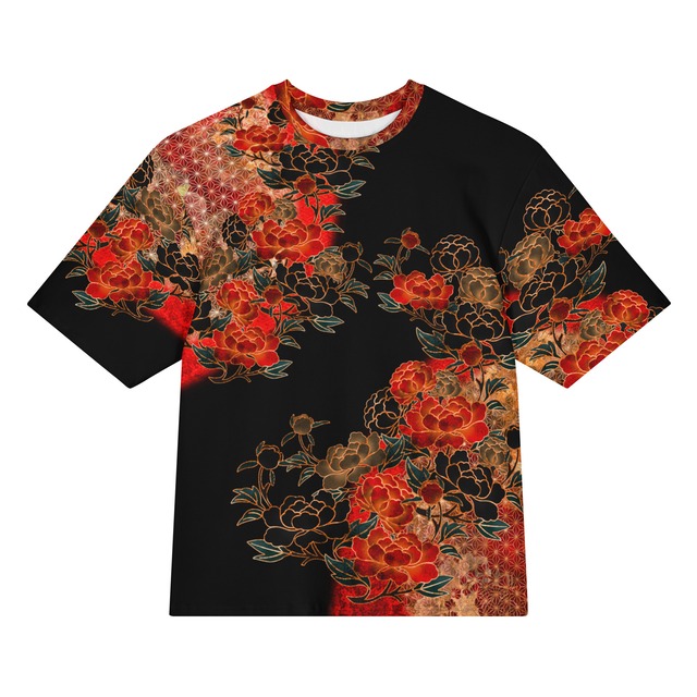 和紋様装飾　牡丹黒　和柄ユニセックス 180G Performance Tシャツ
