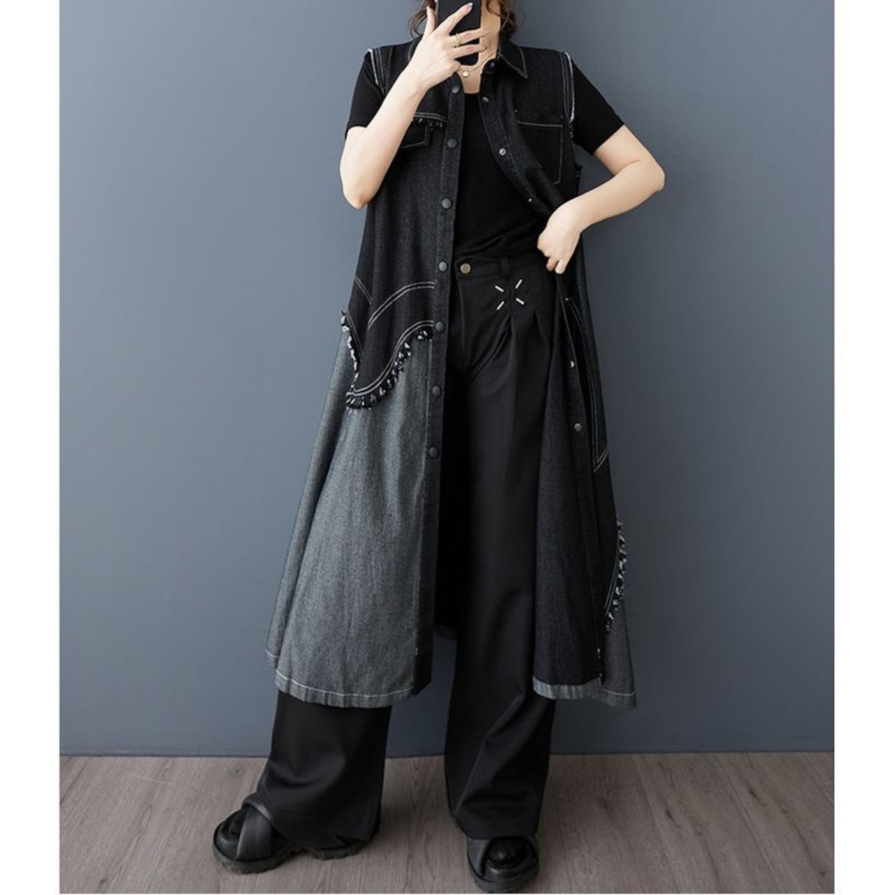 フリンジデニム ノースリーブ ワンピース 00195