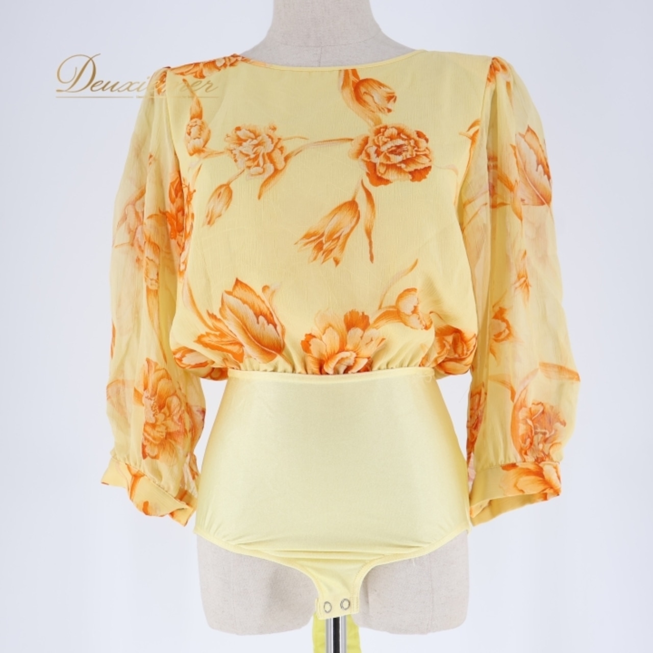 社交ダンス 衣装 トップス レオタード イエロー系 チャコット Chacott 花柄 伸縮 ストレッチ 練習 レッスン 黄 橙 日本製 かわいい シフォン 華やか ボタン 花 フラワー ダンス衣装 ステージ イベント オレンジ系