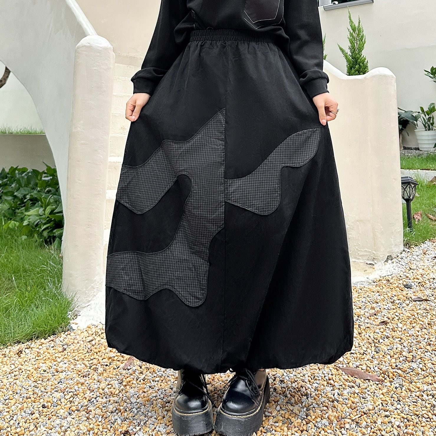 ELASTIC WAIST PANEL RELAXED LONG MIDI SKIRT M-18412