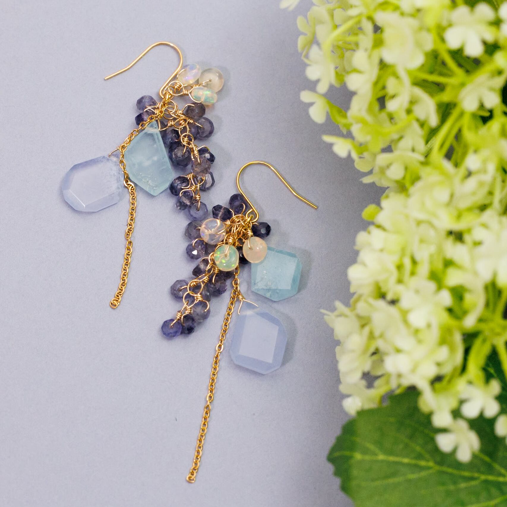 14kgfブルーカラーオパールふさふさピアス/イヤリング 14kgfブルー