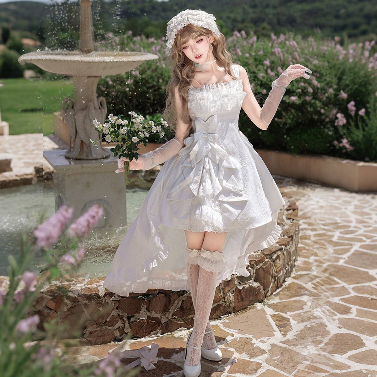 白薔薇の誓い 大リボンとロングトレーンの姫ロリ2点ワンピースセット
