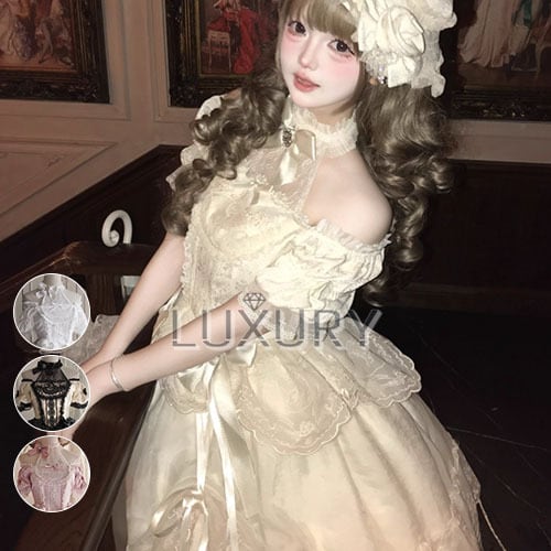 ロリータファッション 甘ロリ オフショルダー パフスリーブ コルセット