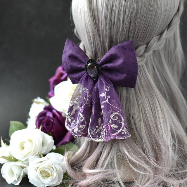 罪名不詳｜天然アメジストと刺繍レースを重ねた紫×黒の2wayリボン／ゴシック ゴスロリ ヘアアクセサリー ブローチ ダマスク柄 パープル ブラック