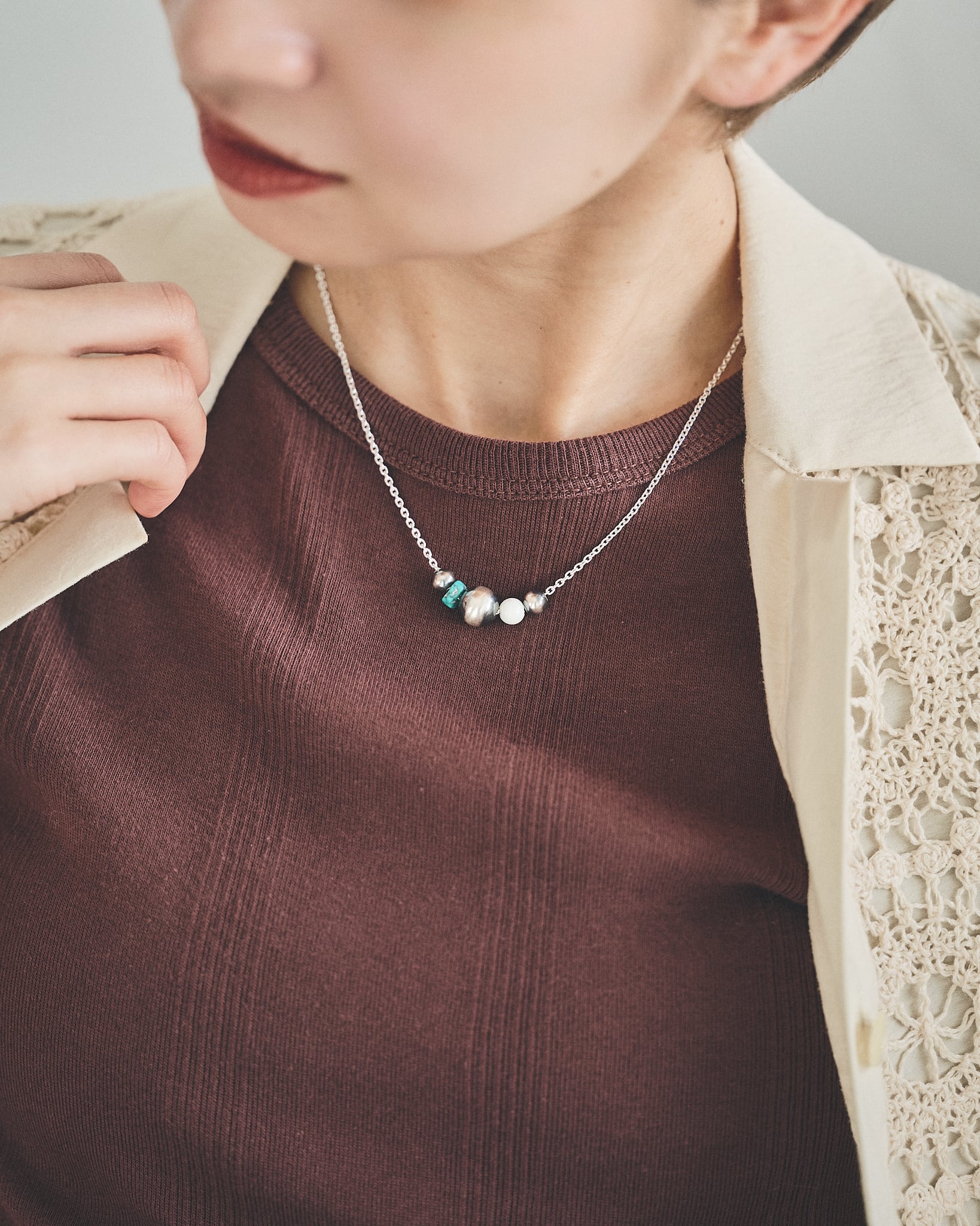 C-047 Navajo Pearl Necklac(White onyx,turquoise) (45cm) | WAKAN