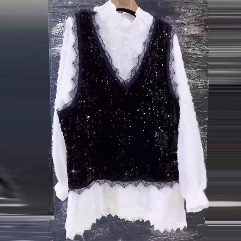 2020年秋プラスサイズの婦人服は薄くて太く、妹は若く、洋服はやや太く、ベストとレースのボトムスのツーピーススーツを着ています。 ミックスインファッション78456967303